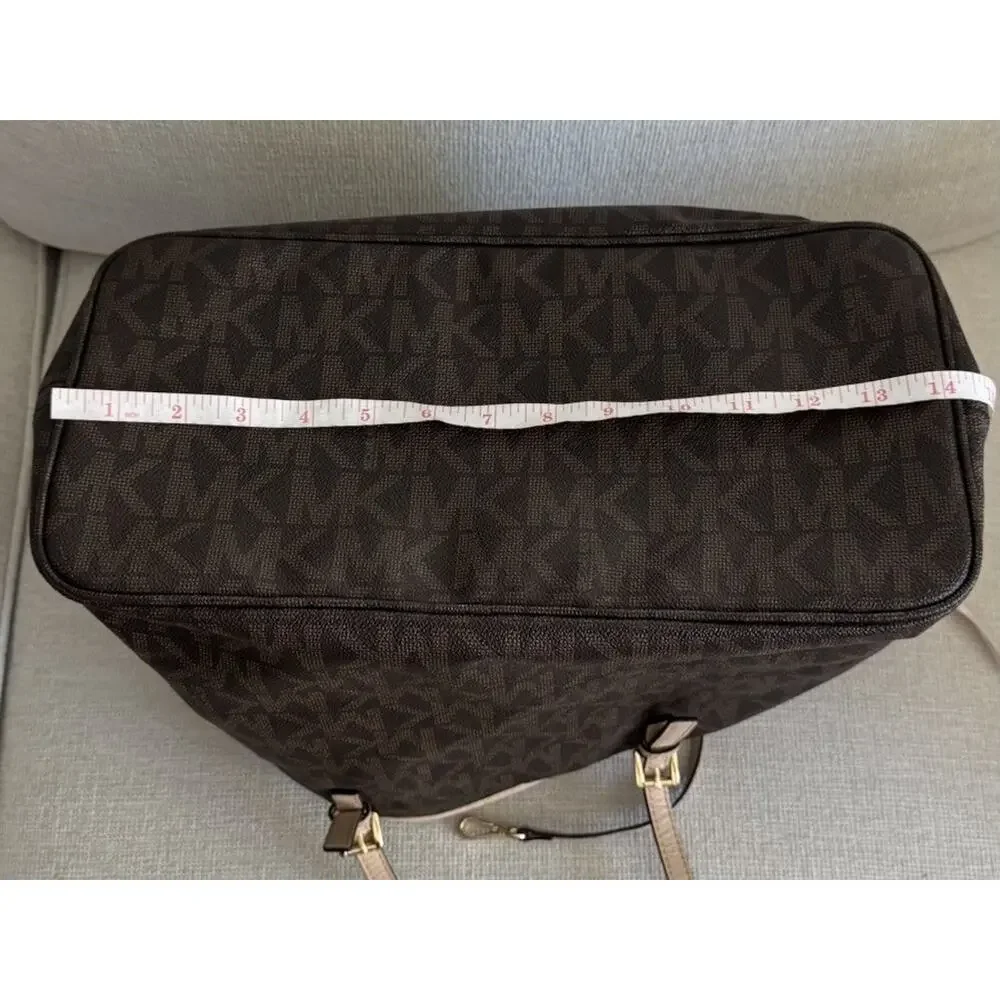 ⁠Michael Kors Tote Bag Brown Signature Monogram Large Purse Gold Charm Jet Set